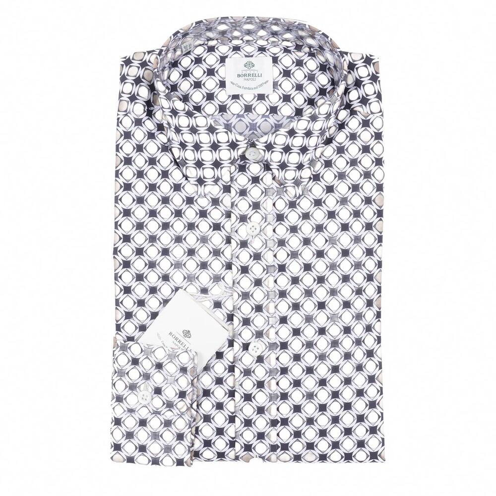 NEW LUIGI BORRELLI NAPOLI men's slim-fit patterned cotton shirt in light brown,